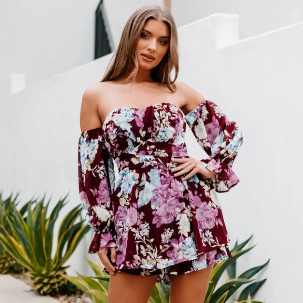 Purple Floral Off Shoulder Romper Size L Boho Ruffle Sleeve Summer Outfit
